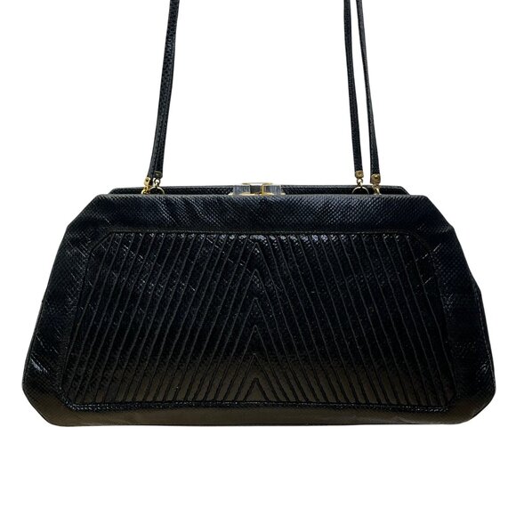 Vintage 80s Judith Leiber Black Snakeskin Leather Gold Hardware Shoulder Bag - Picture 1 of 11